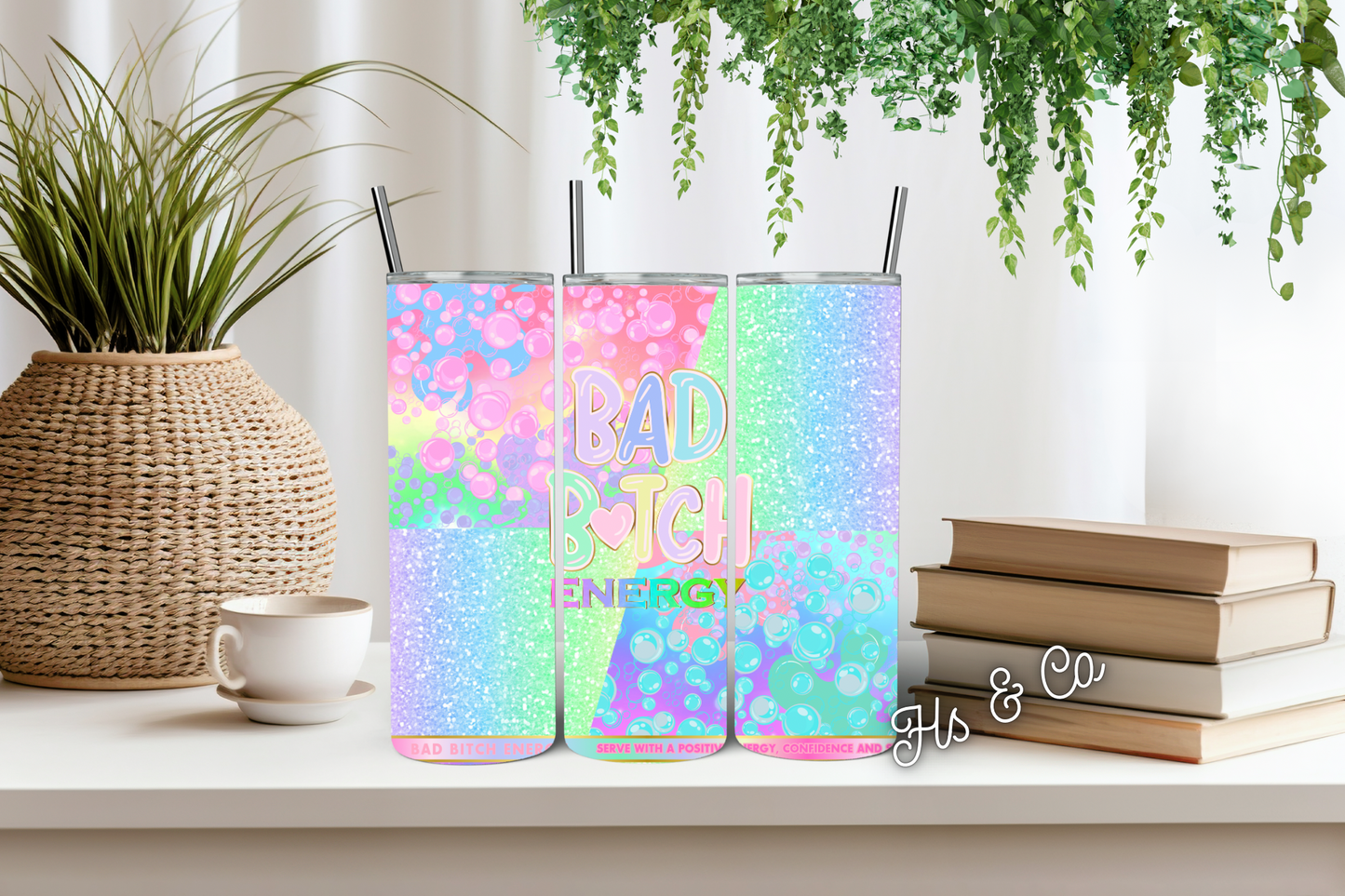 Rainbow bubble inspired energy drink tumbler