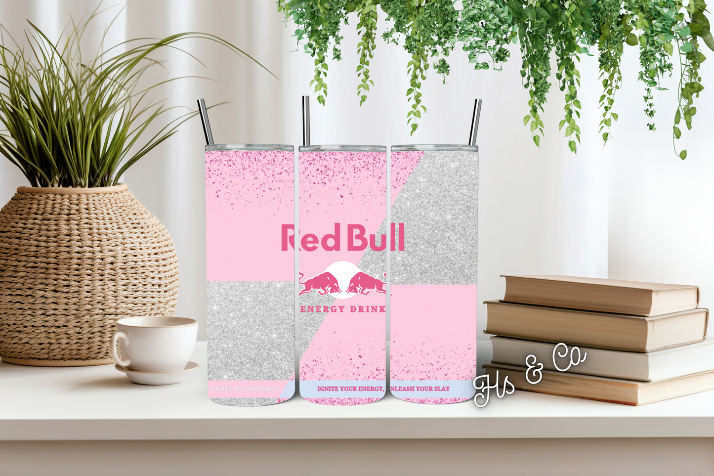 Baby pink Redbull tumbler