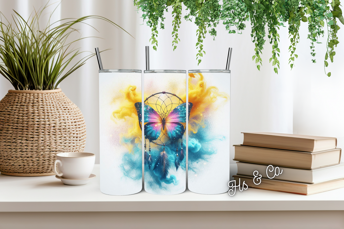 Yellow and blue butterfly dream catcher tumbler