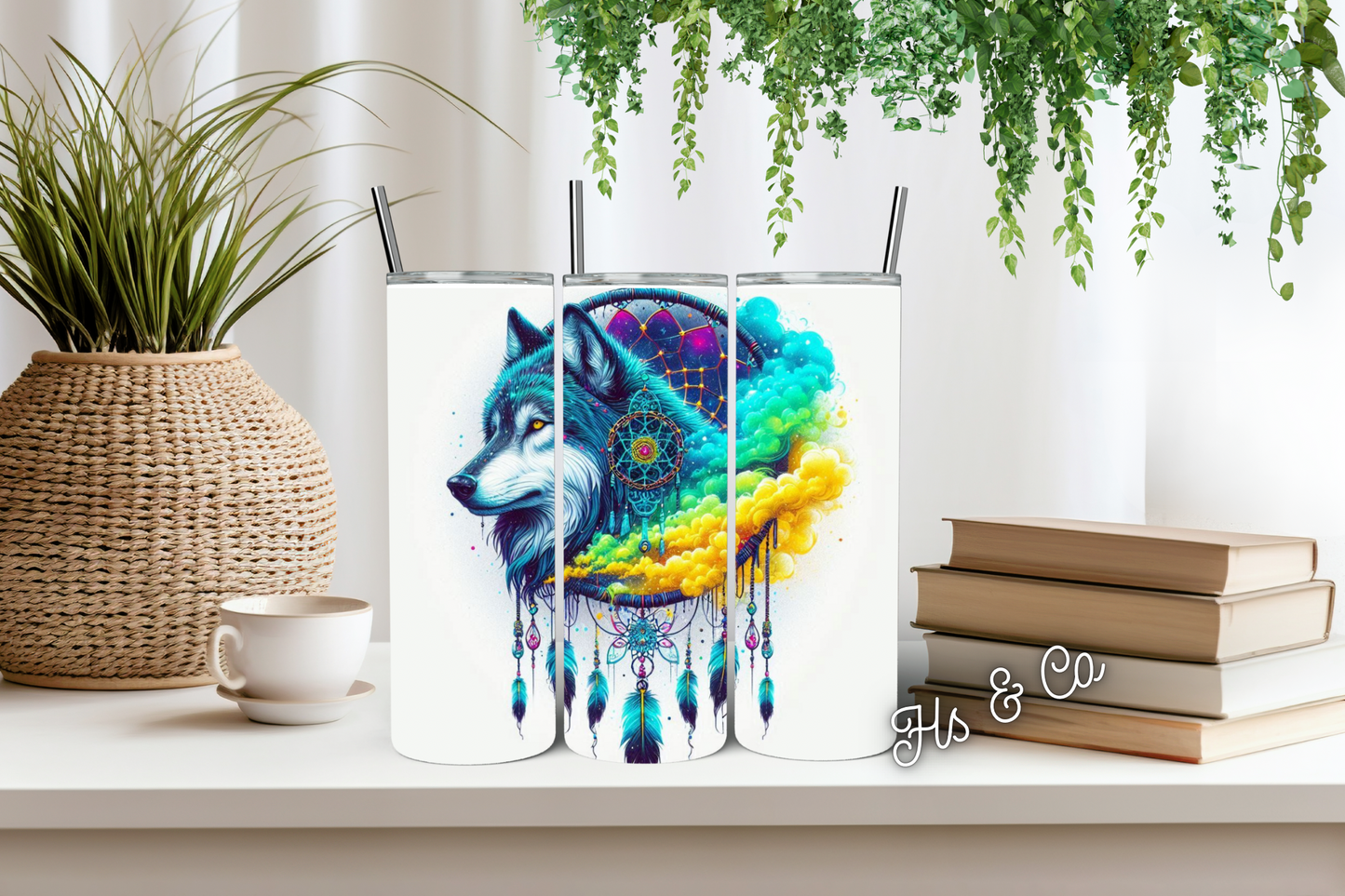 Green blue and yellow wolf dream catcher tumbler