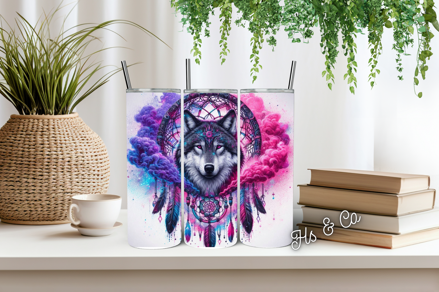 Purple and pink wolf dream catcher tumbler