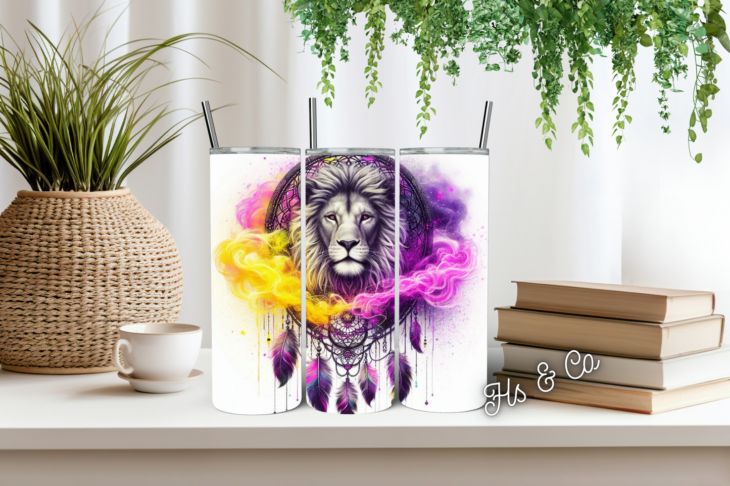 Yellow and purple lion dream catcher tumbler