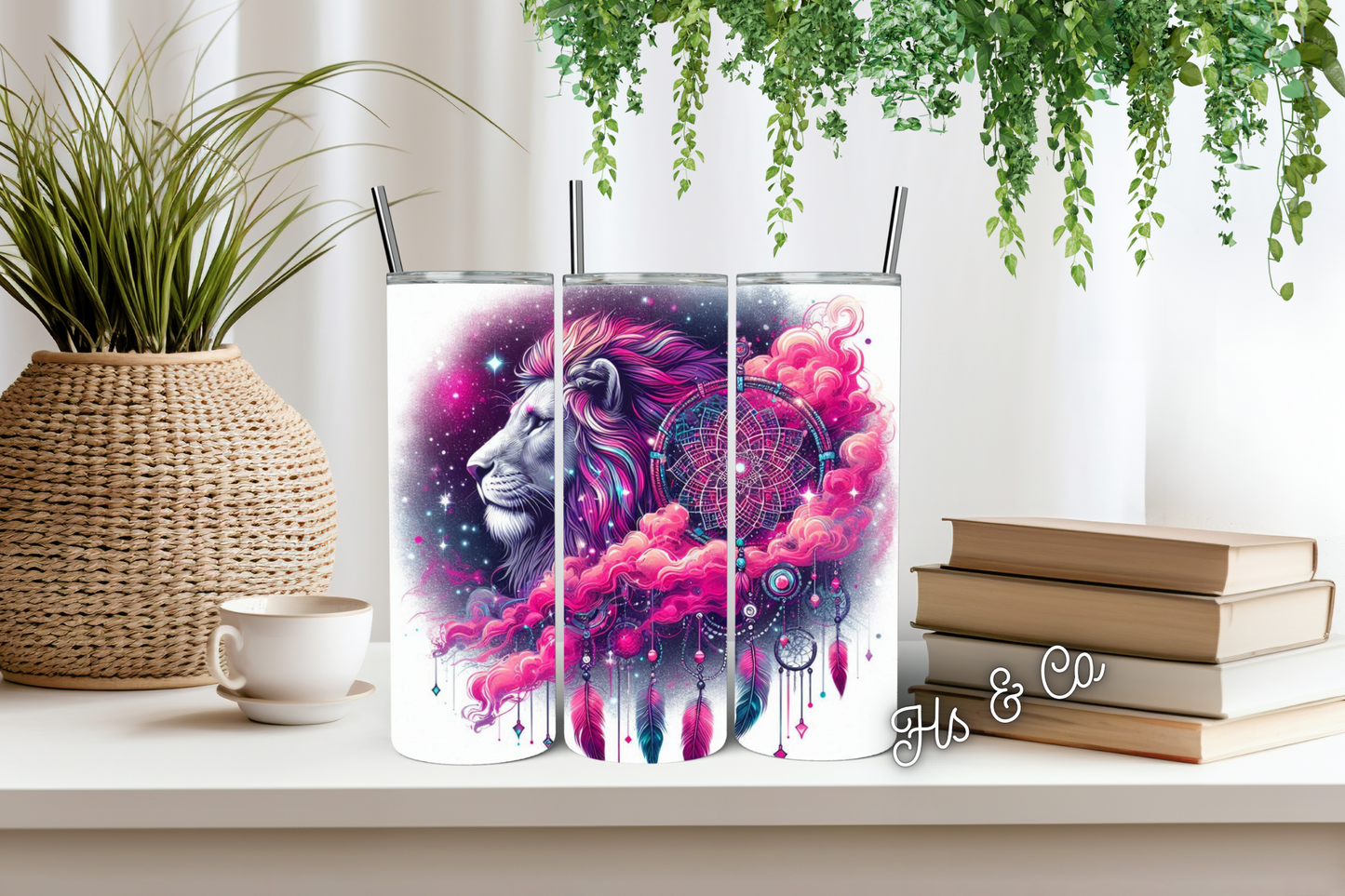 Black and pink lion head dream catcher tumbler