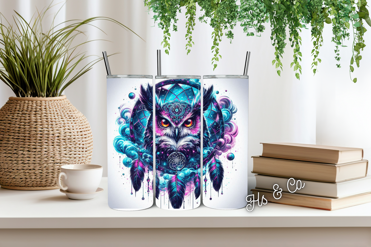 Black and blue owl dream catcher tumbler