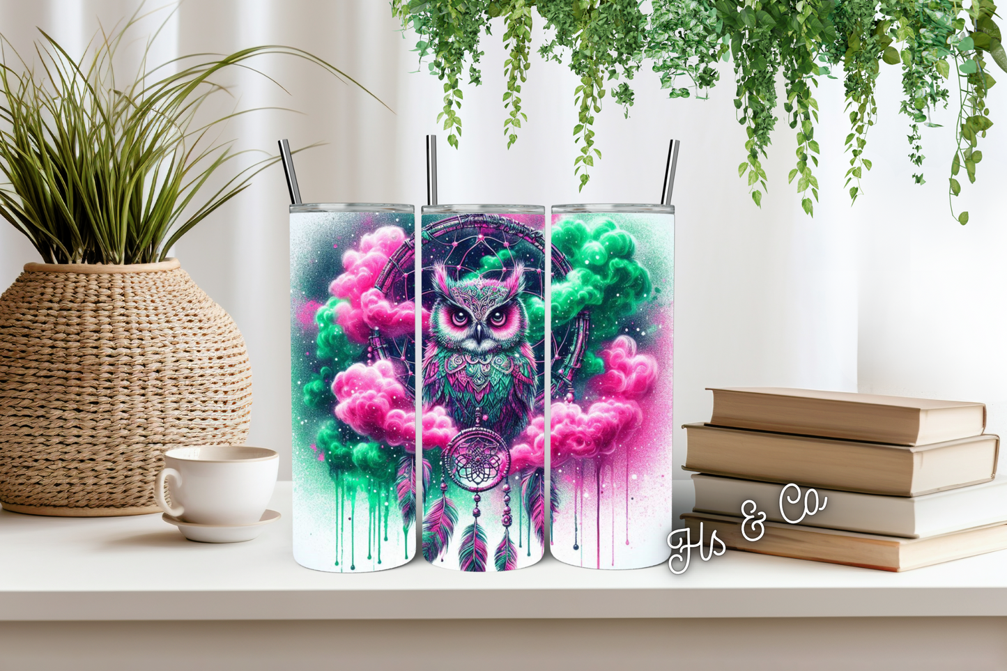 Pink and green owl dream catcher tumbler