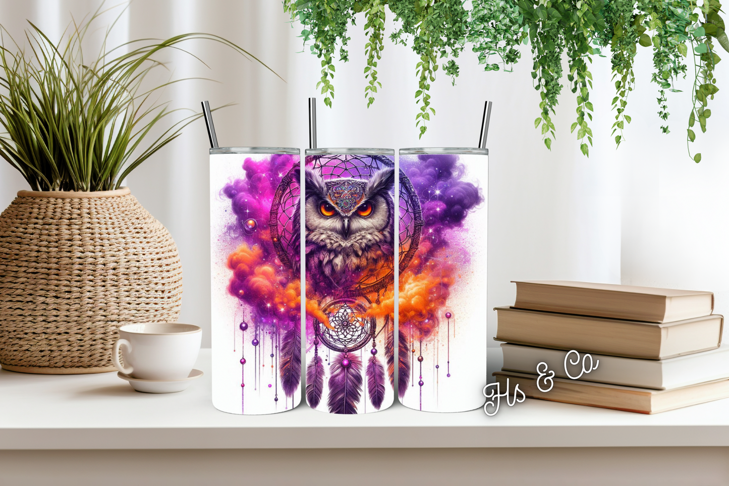Orange and purple owl dream catcher tumbler