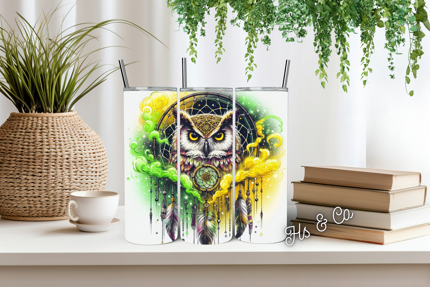 Green and yellow owl dream catcher tumbler