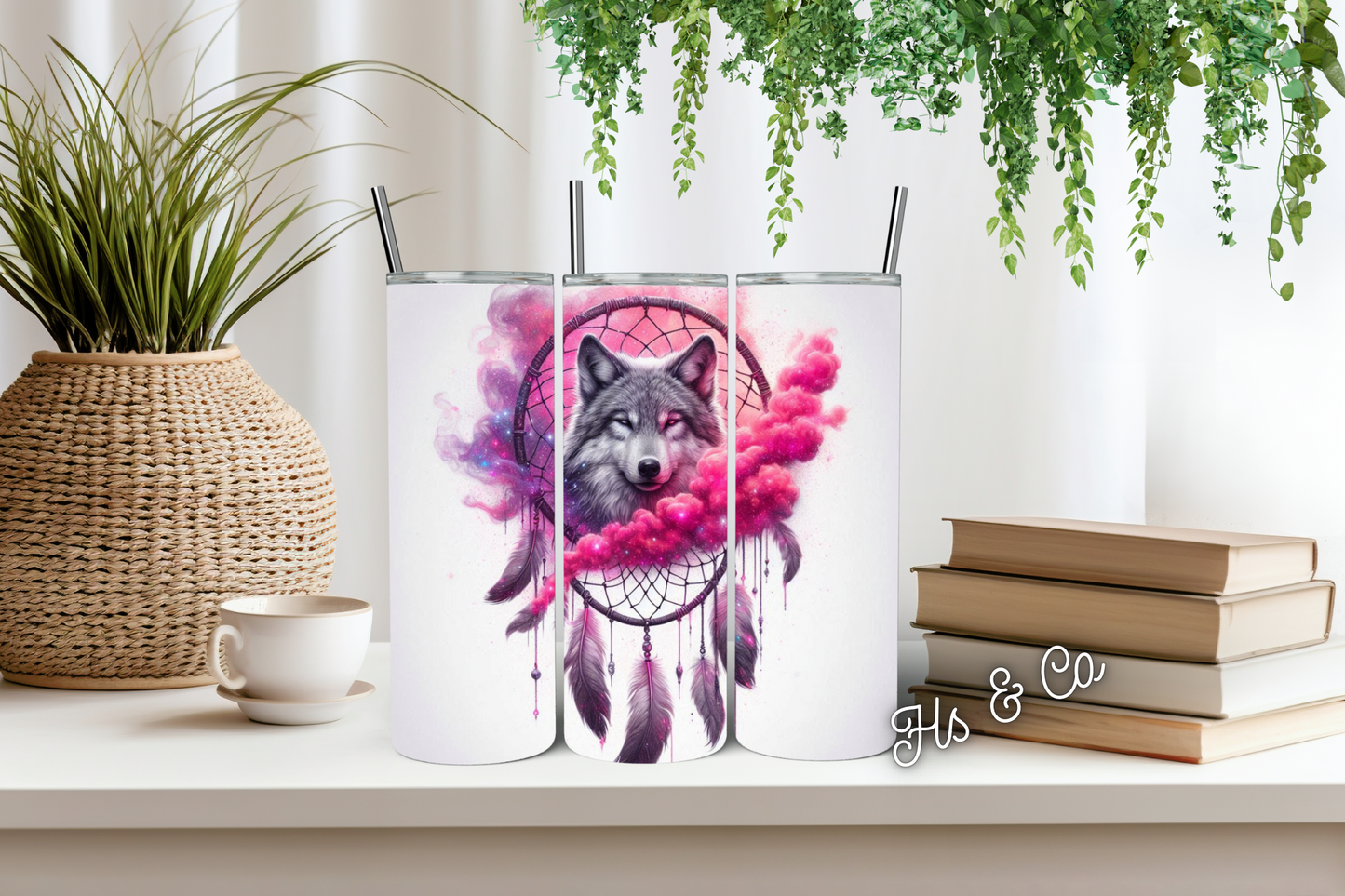 Pink wolf dream catcher tumbler
