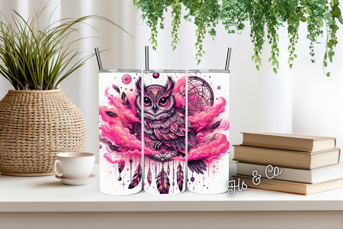 Pink owl dream catcher tumbler