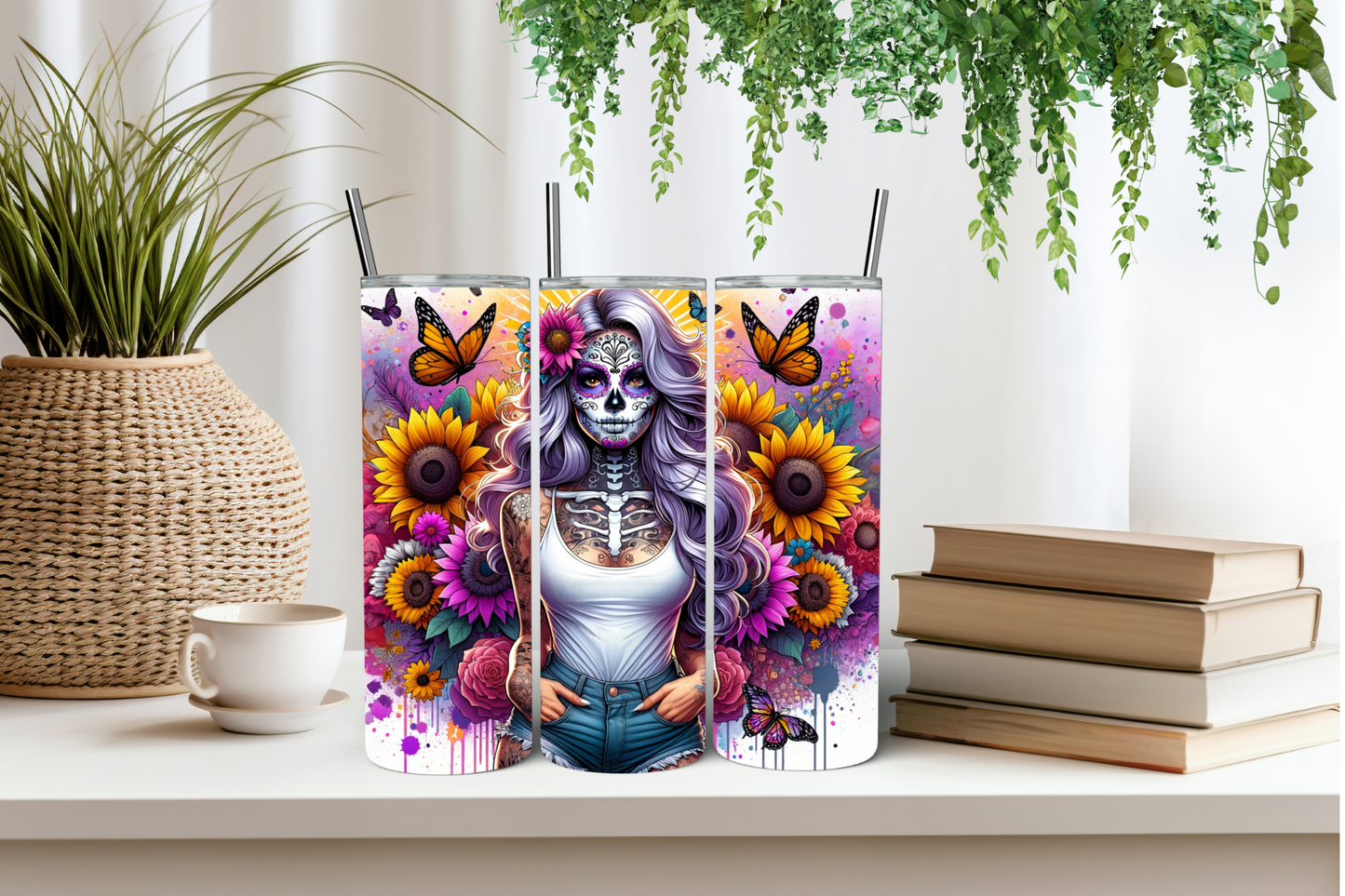 Purple and sunflower skull girl tumbler