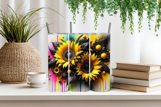 Yellow/black sunflower drip tumbler