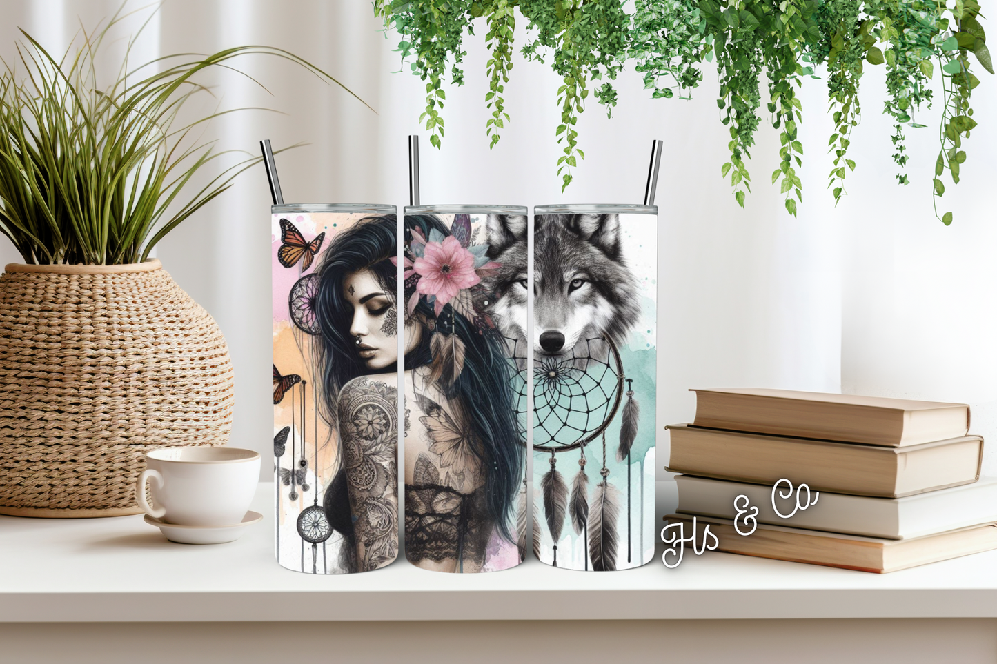 Black hair lady boho wolf head tumbler