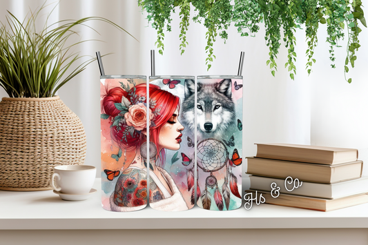 Red hair lady boho wolf tumbler