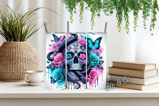 Sugar skull with black snake tumbler