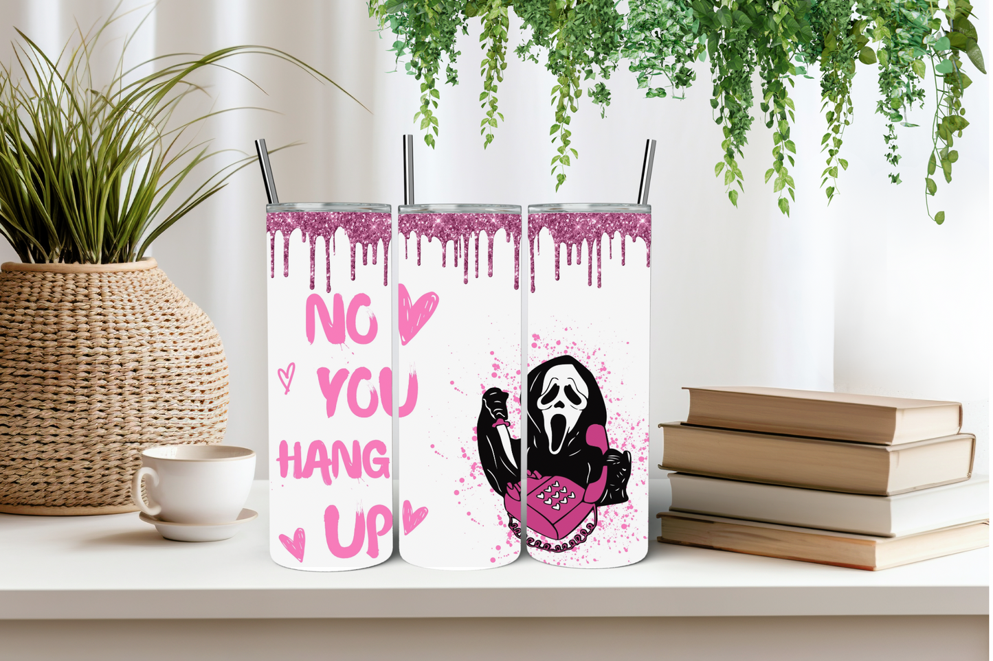 No you hang up pink drip tumbler