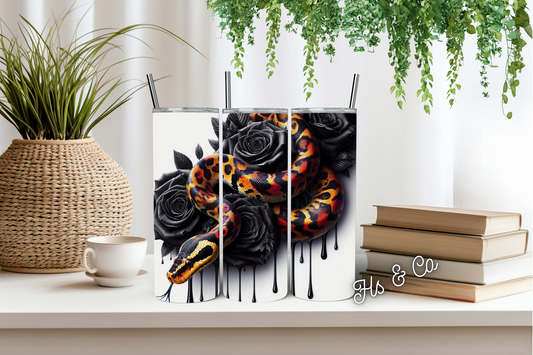 Orange snake with black roses tumbler