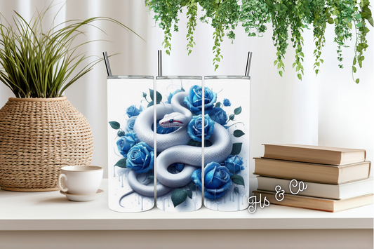 White snake blue roses tumbler