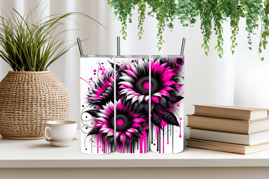 Neon pink and black sunflower tumbler