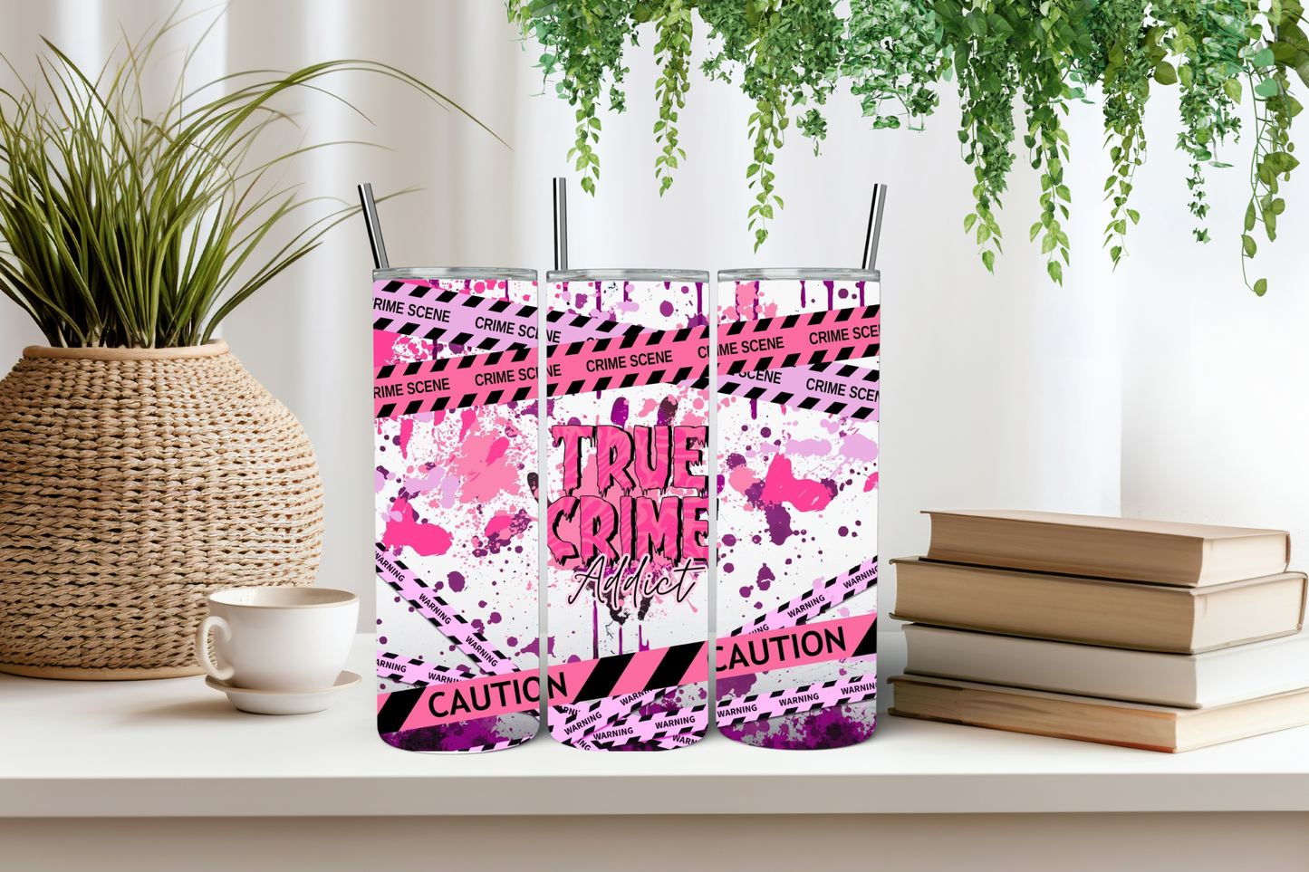 Pink true crime caution tumbler