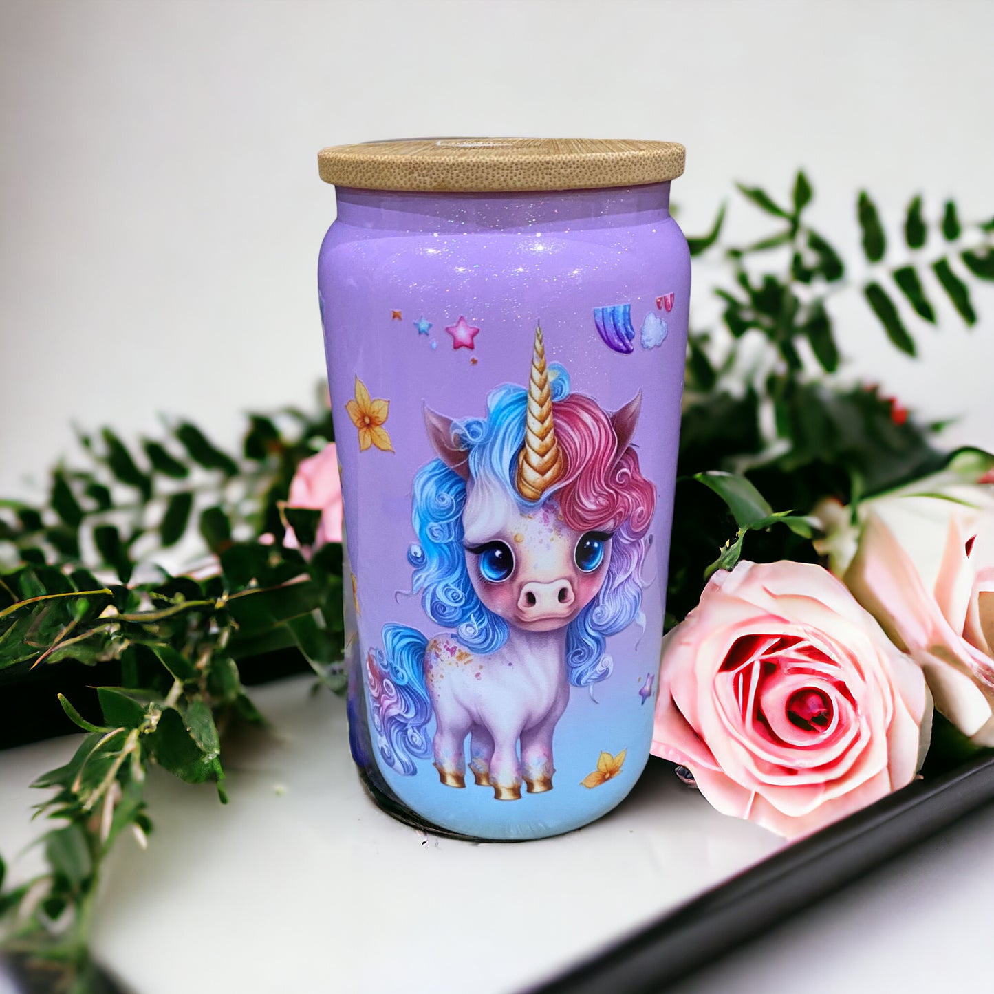 Ombré purple and blue unicorn pig Libby glass tumbler