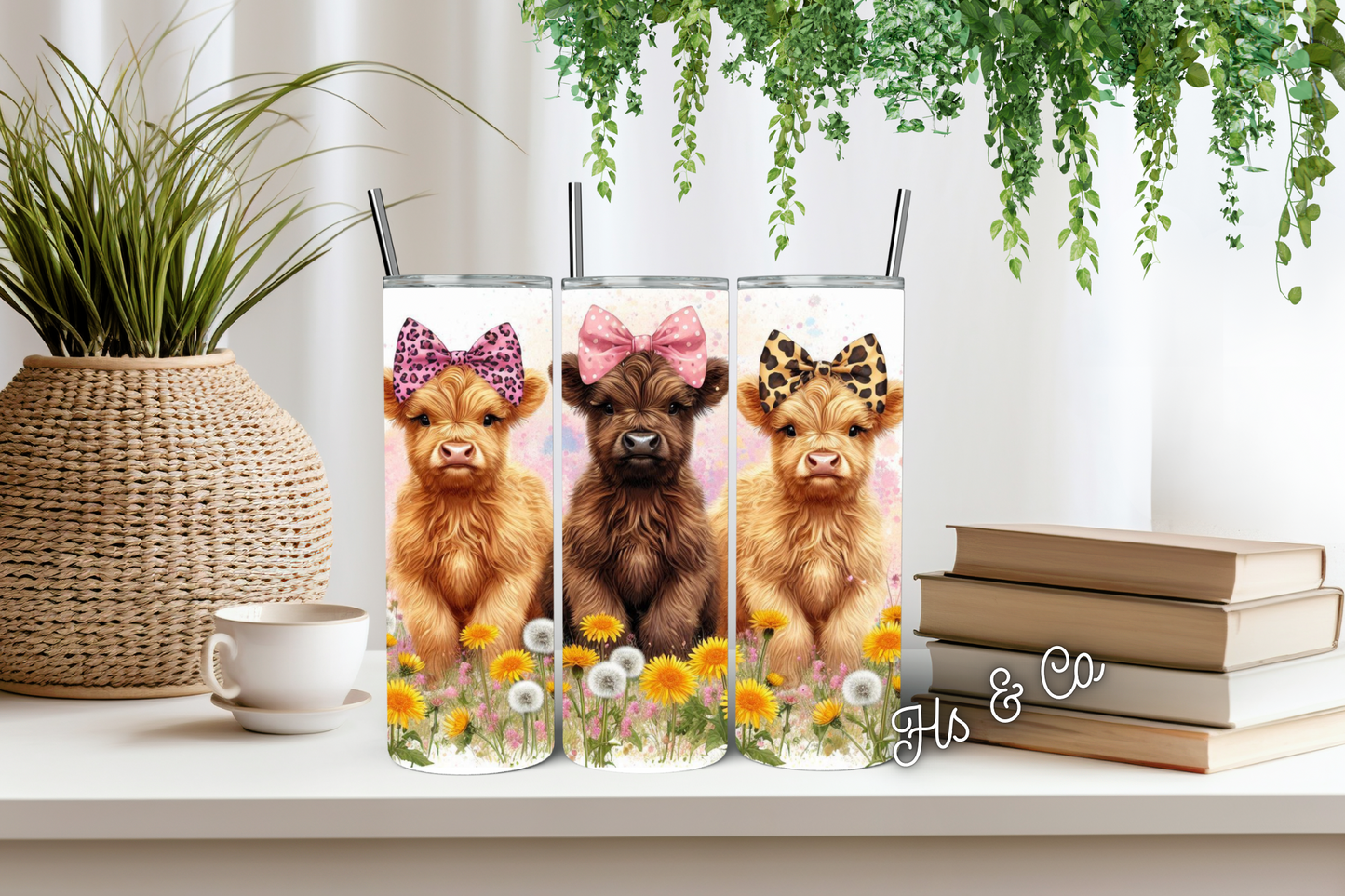 Highland cows dandelions tumbler