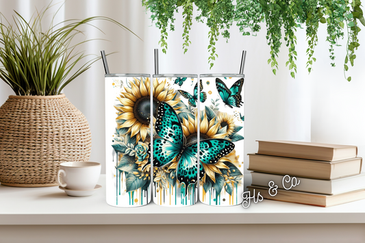 Green butterfly sunflower tumbler
