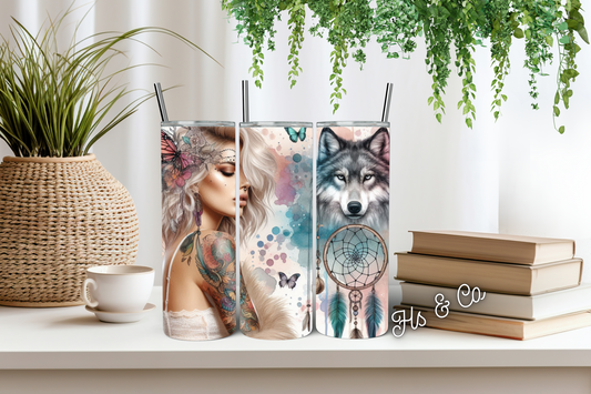 Blonde lady boho wolf head tumbler