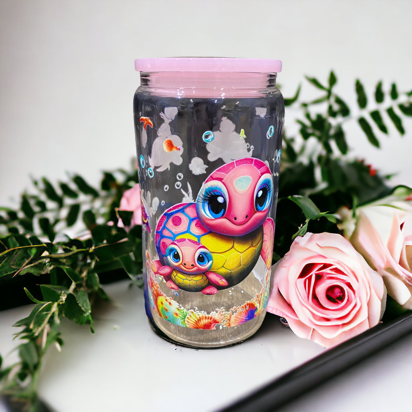 Clear turtle with pink lid Libby glass tumbler