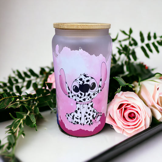 Stitch Dalmatian frosted hot pink bottom Libby glass tumbler