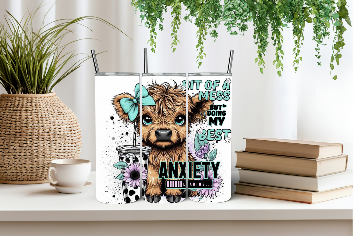 Teal anxiety cow tumbler