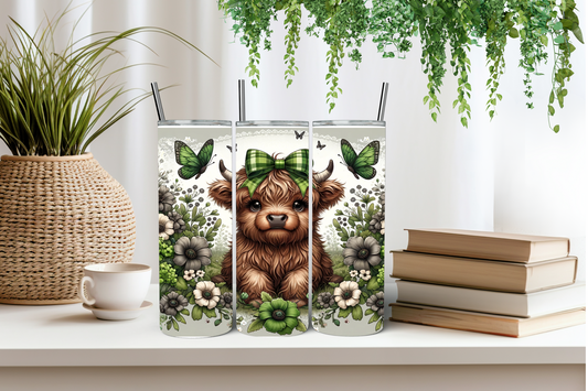 Sage green highland cow tumbler