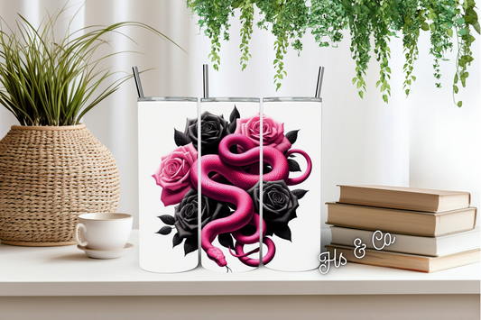 Pink snake black roses tumbler