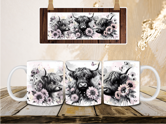 Black and pink highland cow mug
