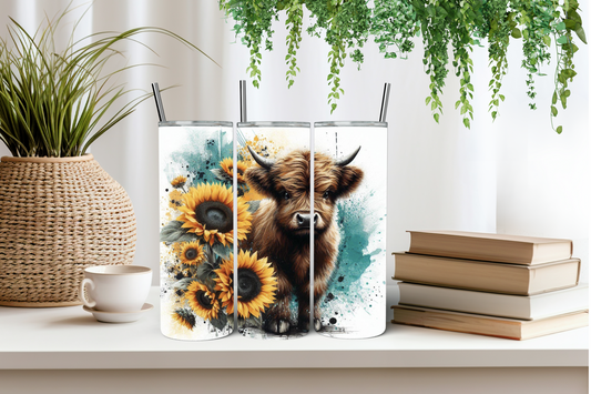 Teal splash highland cow tumbler