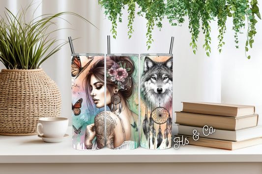 Brown hair lady boho wolf tumbler