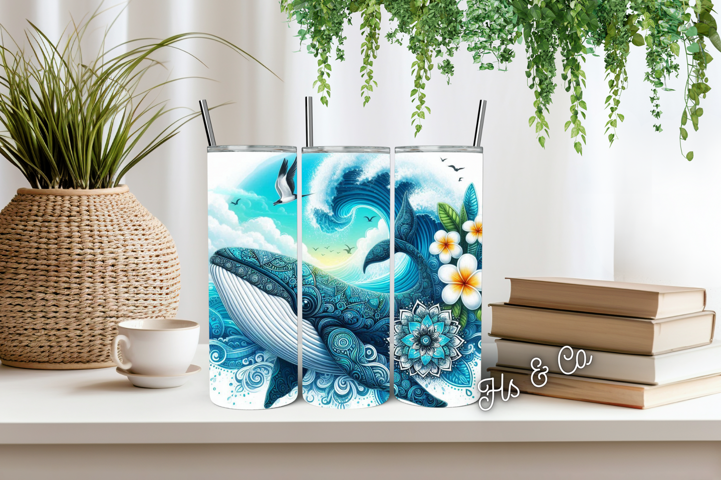 Big blue whale with wave tumbler