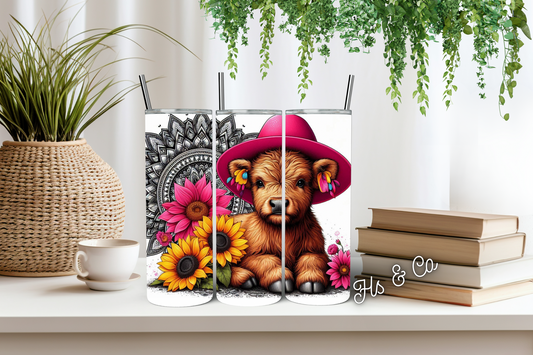 Highland cow pink hat tumbler