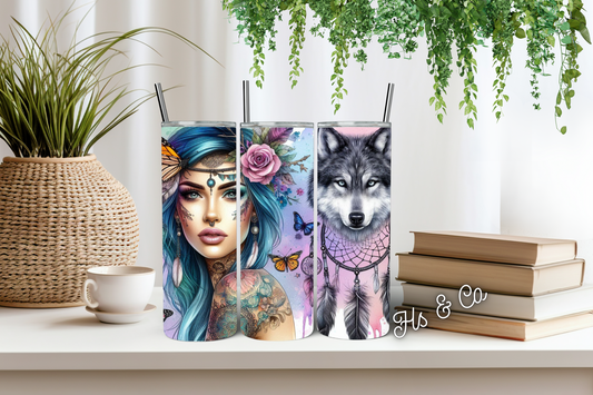 Blue hair lady boho wolf tumbler