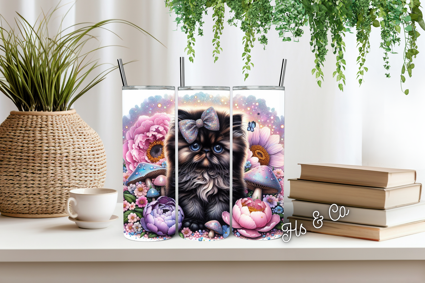 Black fluffy cat tumbler