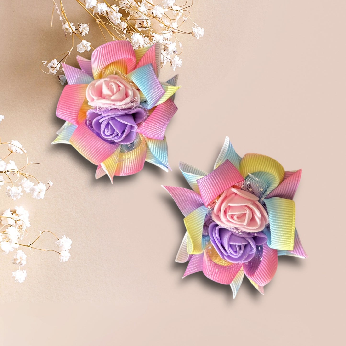 Pastel rainbow rose bow (pigtail set)