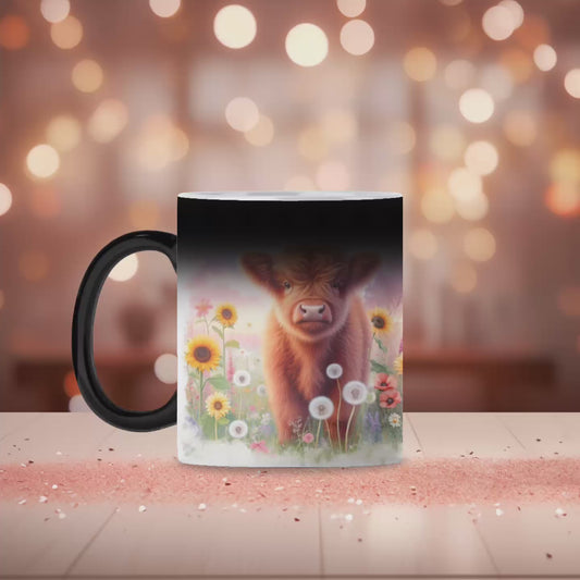 Highland cow dandelion field magic mug